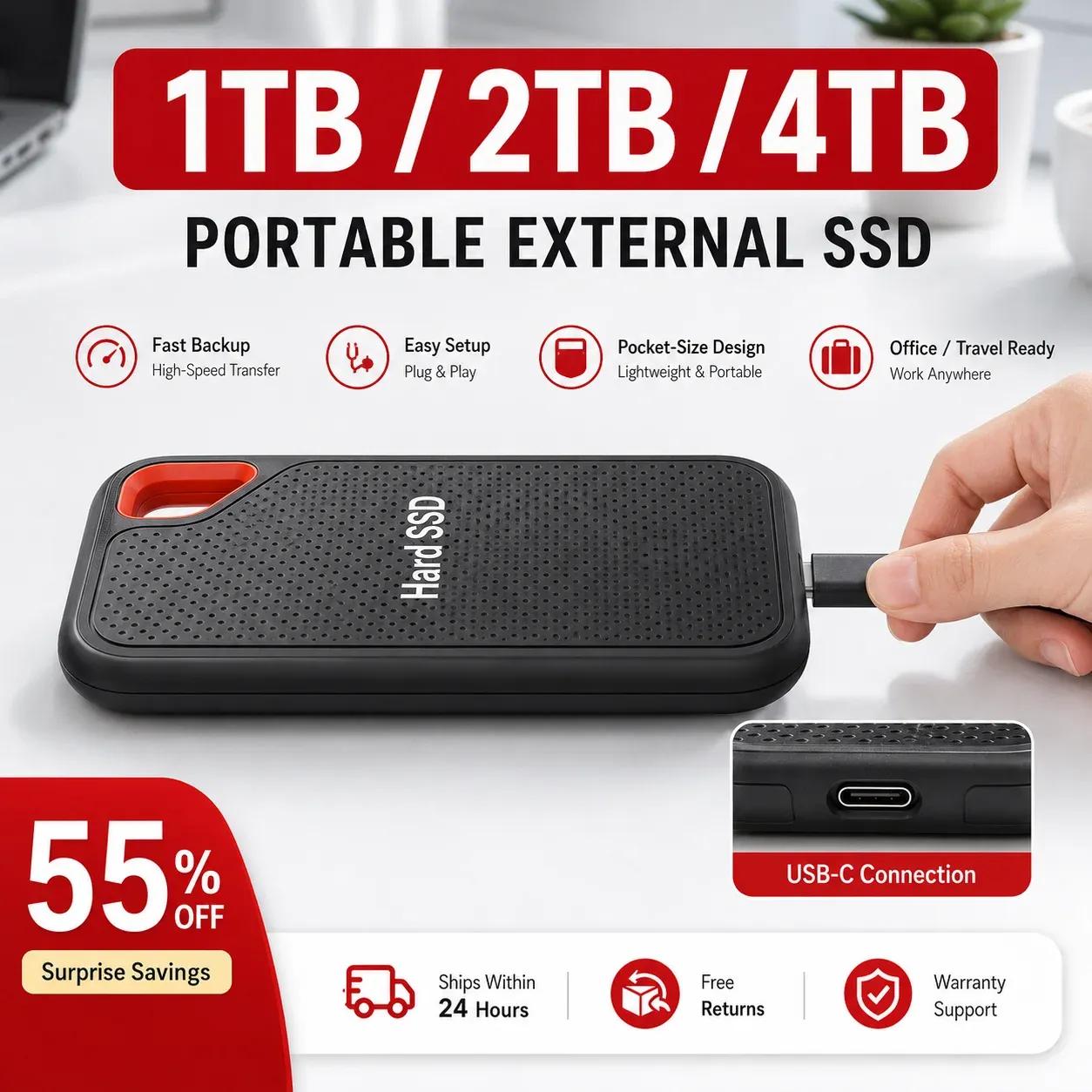 Portable SSD External Hard Drive USB 3.1 Type-C High-Speed Data Storage for Laptop/Mac