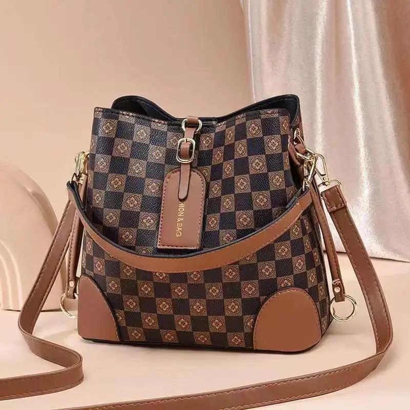Plaid PU Leather Bucket Shoulder Bag for Women