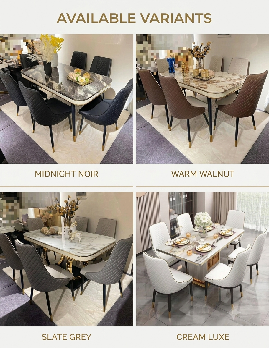 Modern Luxury 6-Seater Marble Dining Set – Quilted Leather Chairs with Gold Accents
