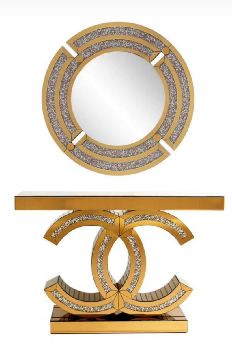 Luxury Interlocking Gold Console Table & Round Crystal Mirror Set – Statement Entryway Collection