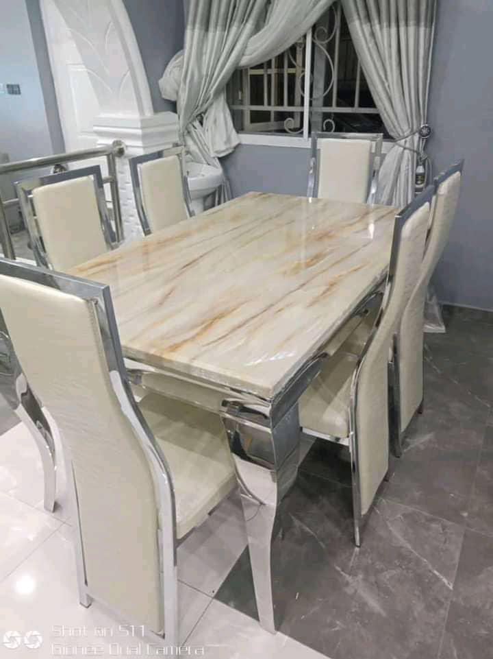 Modern Luxury Marble-Effect Dining Set – Polished Stainless Steel Frame